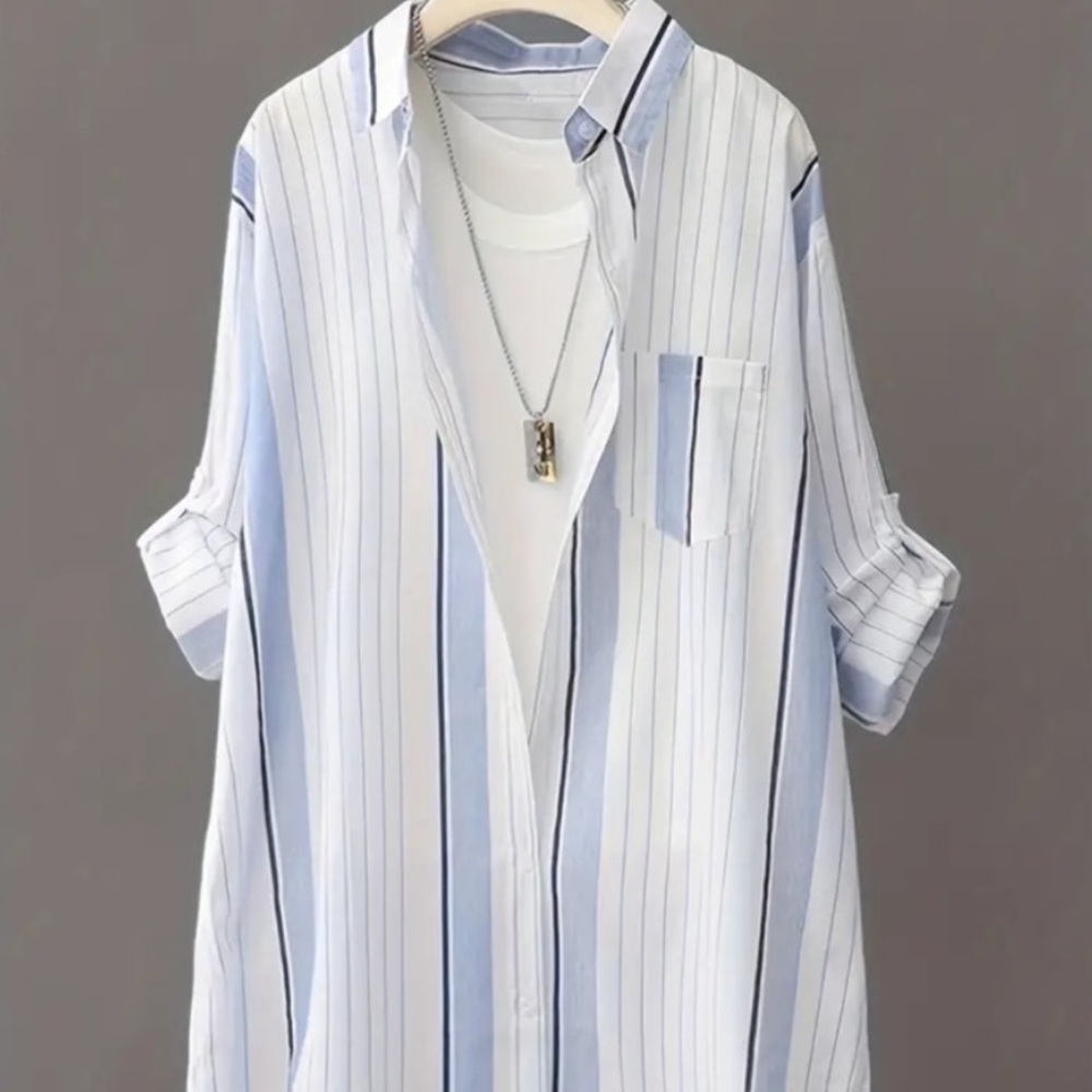 Blue White Striped Button Down Tunic Blouse L XL